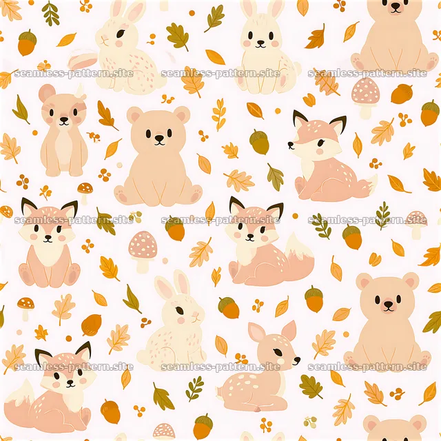Cute baby animals in a playful pattern with autumn leaves — seamless tileable pattern