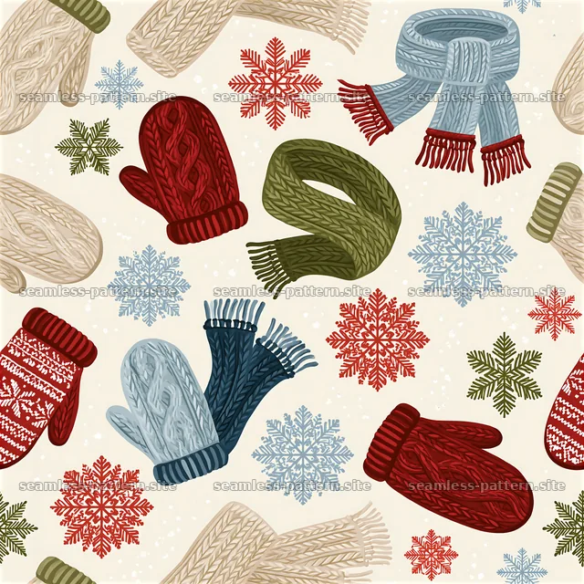 Cozy winter gloves, scarves, and snowflakes seamless pattern — seamless tileable pattern