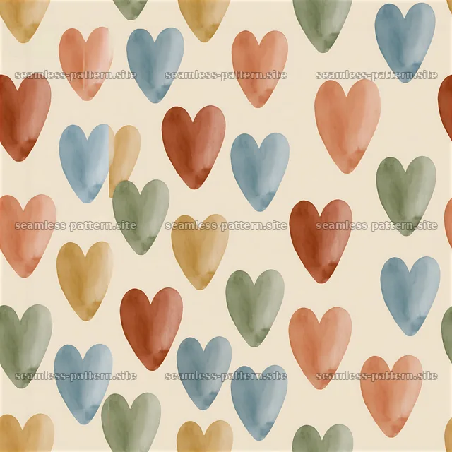 Seamless watercolor heart pattern on light background with varied colors — seamless tileable pattern