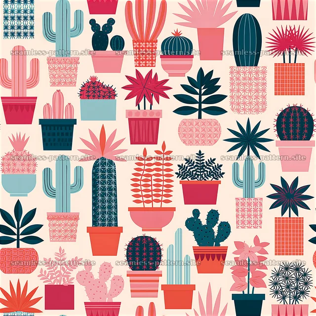 Colorful cactus pattern with various plants and pots for design — seamless tileable pattern