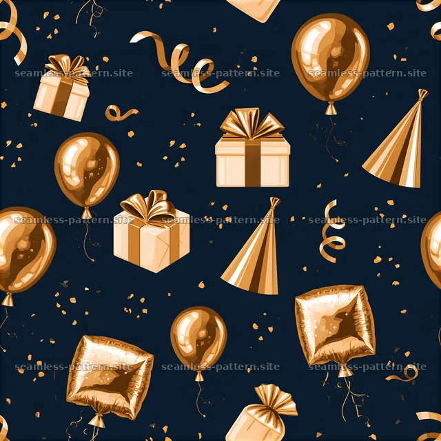 Party supplies seamless pattern with balloons, gifts, and confetti — seamless tileable pattern