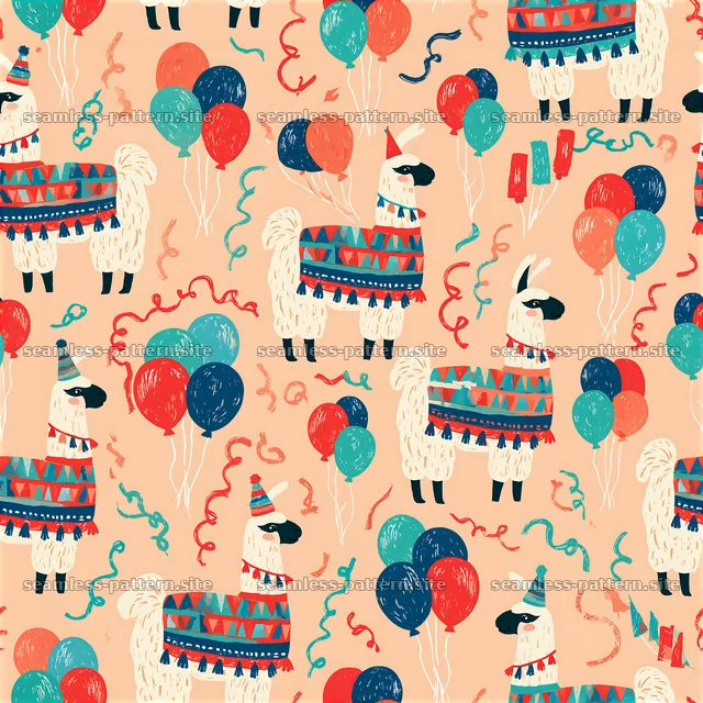 Birthday llamas seamless pattern with balloons and festive decorations — seamless tileable pattern