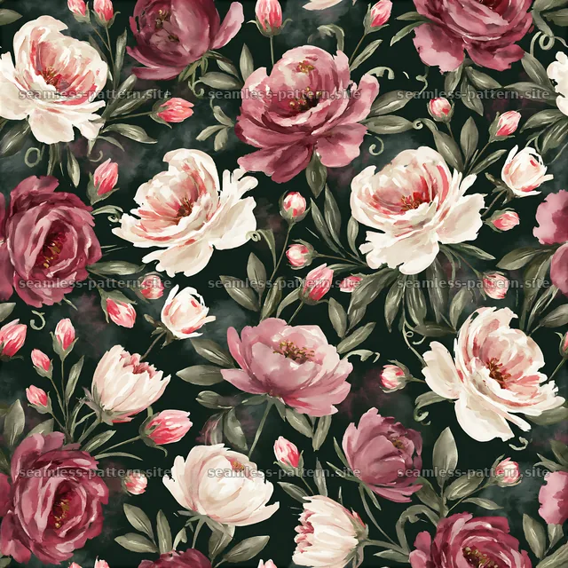 Watercolor floral repeat pattern with roses and buds — seamless tileable pattern