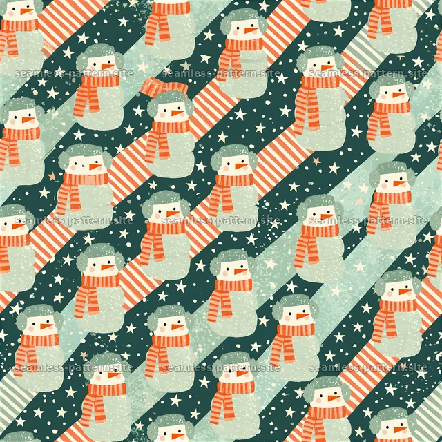 Cute snowmen and stars diagonal seamless pattern — seamless tileable pattern