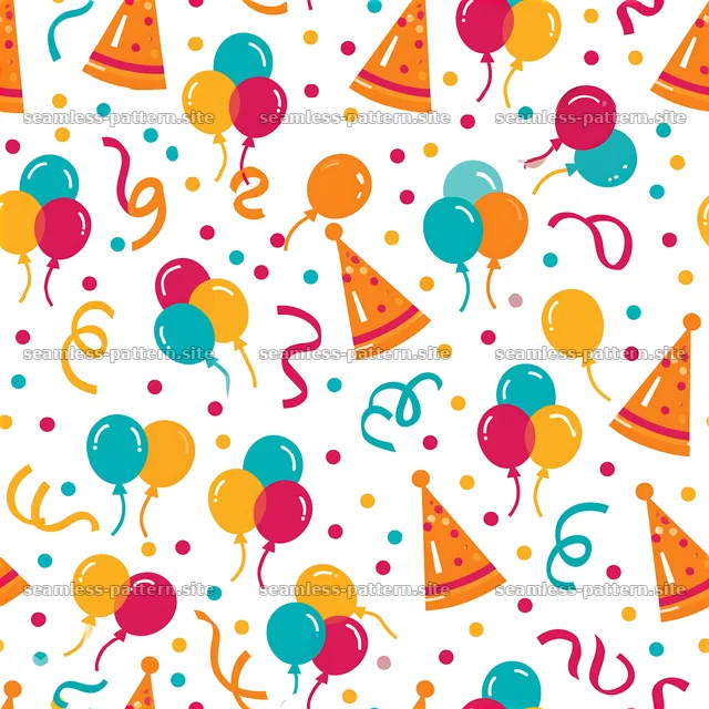 Birthday card tileable pattern with balloons, hats, and confetti — seamless tileable pattern