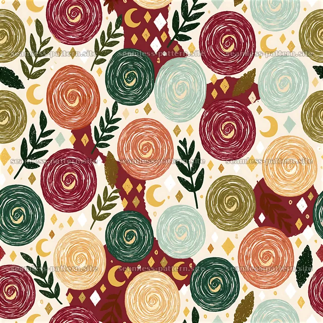 Colorful boho floral spiral seamless pattern — seamless tileable pattern