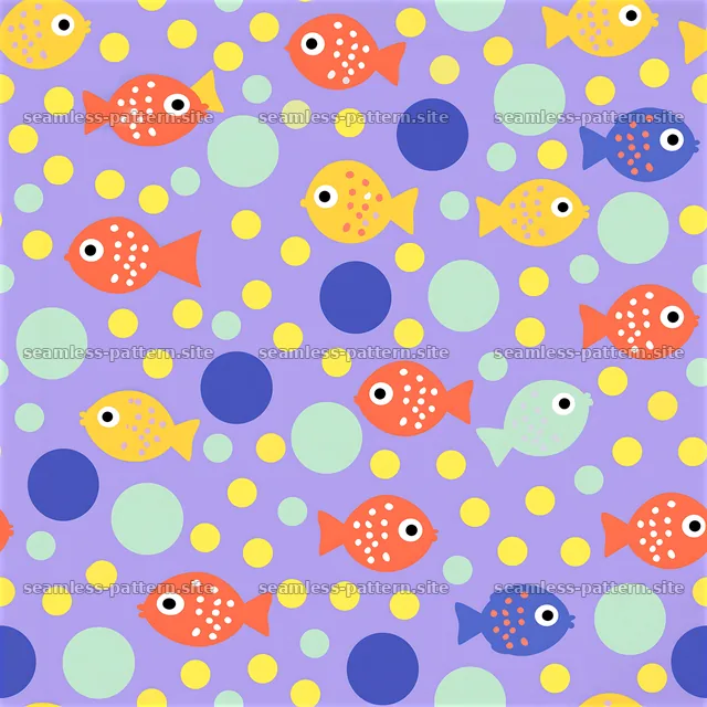 Colorful fish seamless pattern with circles on a purple background — seamless tileable pattern