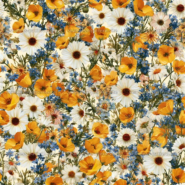 Dense flower repeating pattern with orange and blue flowers — seamless tileable pattern