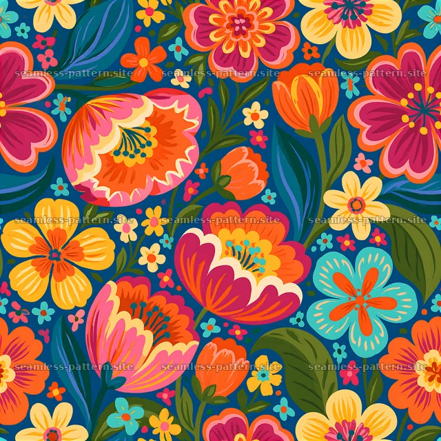 Retro flower seamless pattern with bright blooms on blue background — seamless tileable pattern