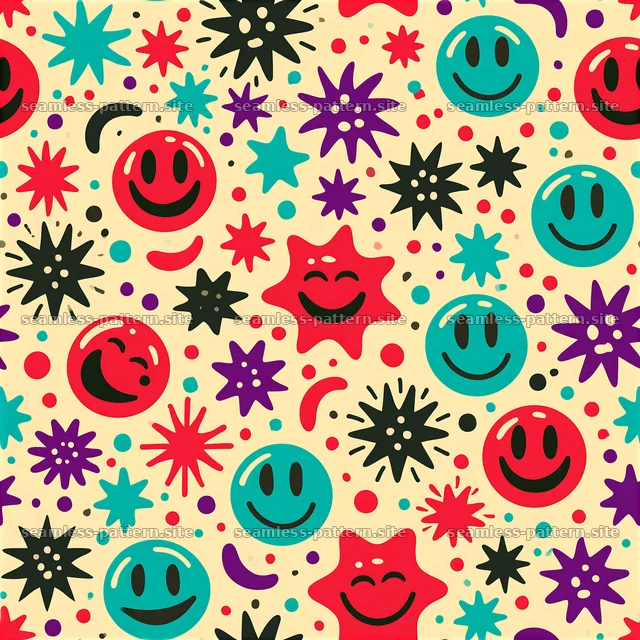 Colorful Smiley Faces and Starburst Seamless Pattern — seamless tileable pattern