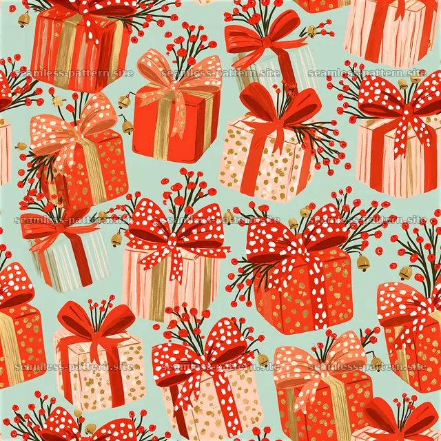 Colorful gift boxes pattern with bows and decorative elements — seamless tileable pattern