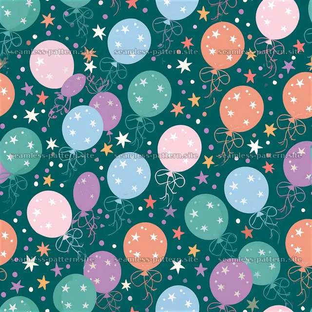 Colorful balloon seamless pattern with stars on a green background — seamless tileable pattern