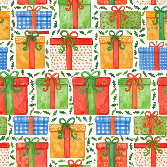 Colorful watercolor Christmas packages in a seamless pattern — seamless tileable pattern