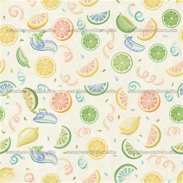 Funky fruit design with various citrus fruits and colorful accents — seamless tileable pattern