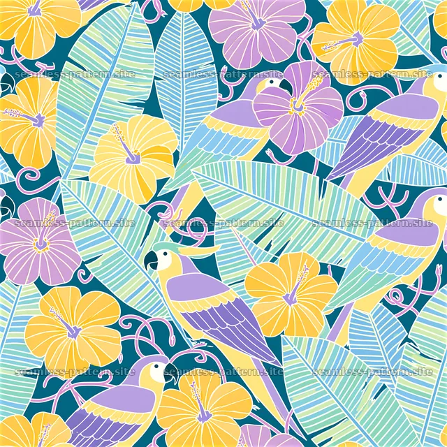 Colorful Tropical Birds, Hibiscus and Leaf Seamless Pattern — seamless tileable pattern