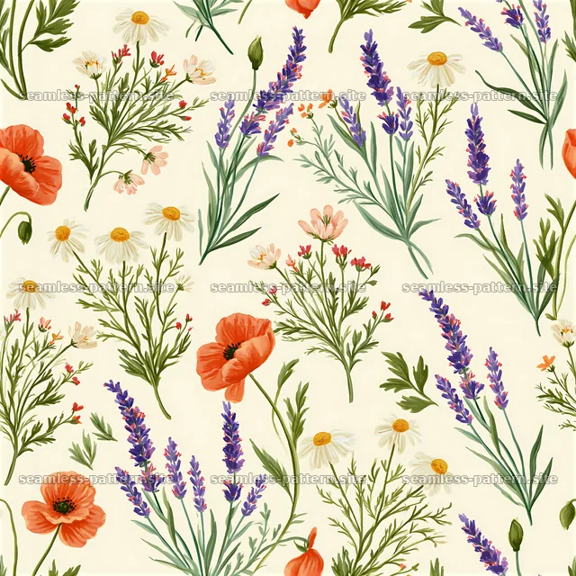 Colorful hand painted seamless pattern of flowers and herbs — seamless tileable pattern