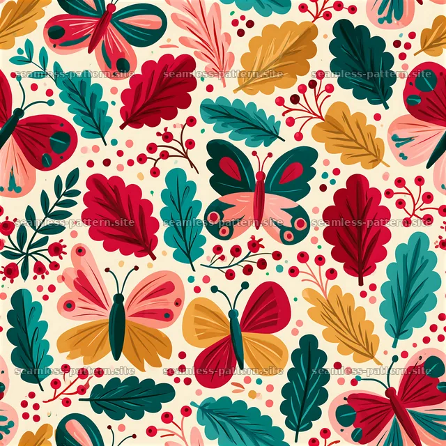 Colorful leaves and butterflies seamless pattern design — seamless tileable pattern