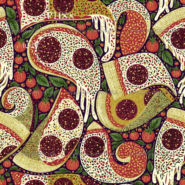 Seamless Flat Illustration Pizza Pattern with Tomatoes and Basil — seamless tileable pattern