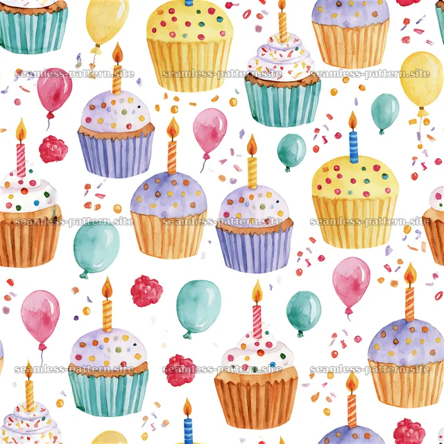 Birthday watercolor seamless pattern of cakes and balloons — seamless tileable pattern