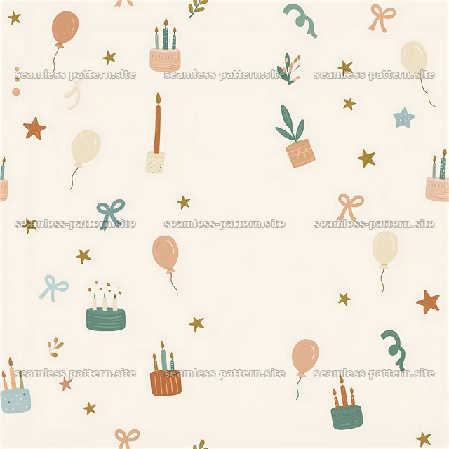 Birthday card tileable pattern with balloons, cakes, and stars — seamless tileable pattern