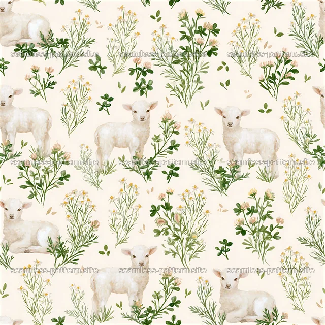 Seamless pattern featuring lambs and gentle botanical elements in — seamless tileable pattern