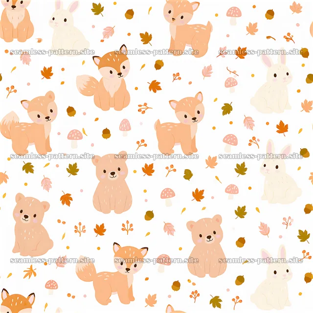 Cute baby animals with leaves and mushrooms in seamless pattern — seamless tileable pattern