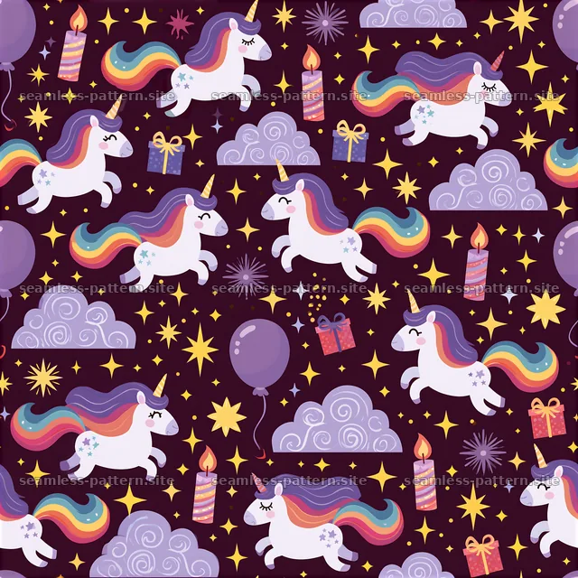Birthday Unicorns Seamless Pattern with Gifts and Candles — seamless tileable pattern