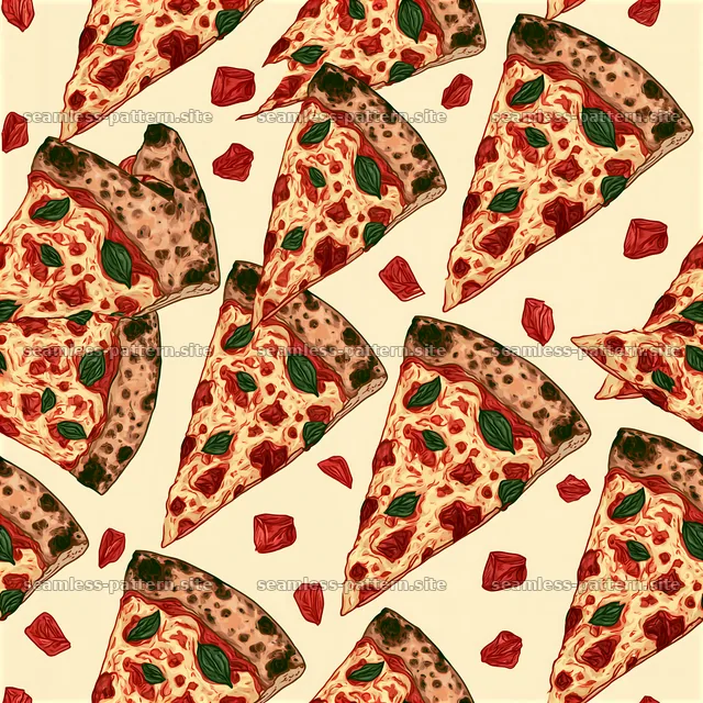 Colorful pizza slice pattern with tomatoes and herbs — seamless tileable pattern
