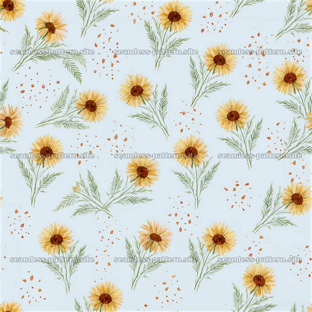 Seamless watercolor sunflower pattern on blue background with leaves — seamless tileable pattern