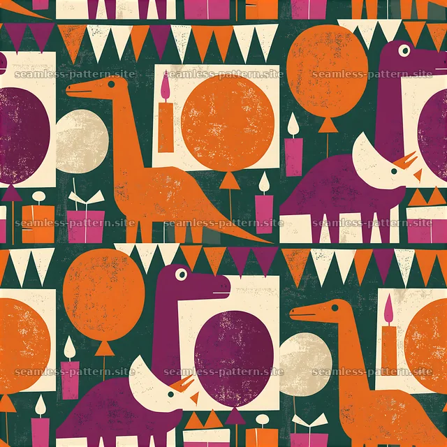 Colorful dinosaurs celebrate in a fun seamless pattern — seamless tileable pattern