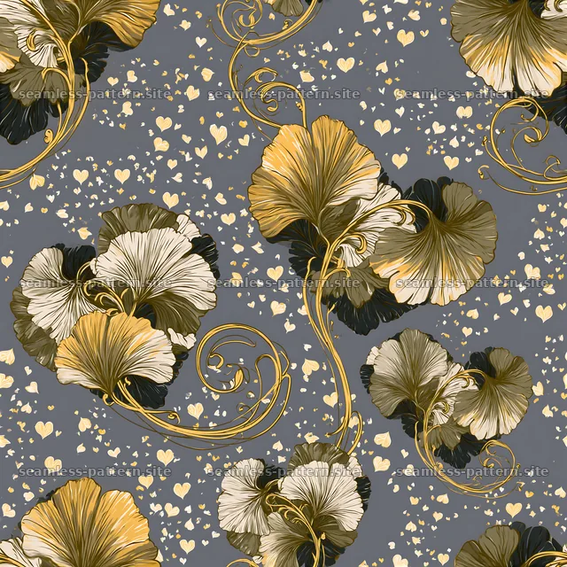 Seamless botanical heart pattern with floral elements and gold accents — seamless tileable pattern