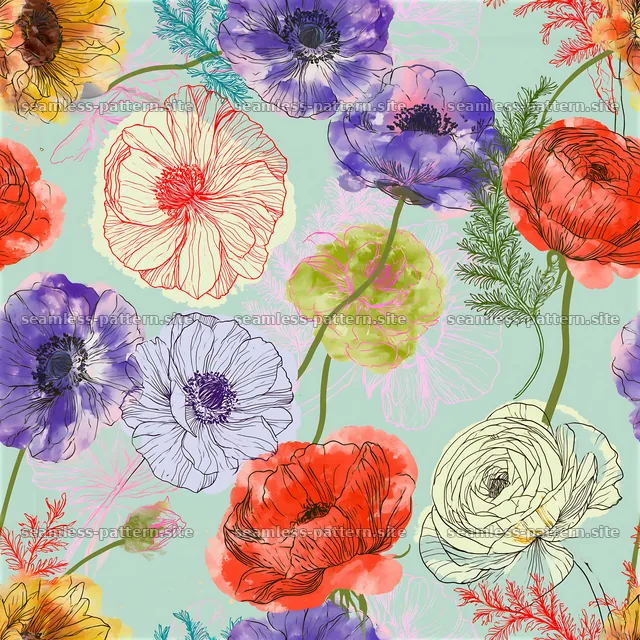 Colorful vibrant floral seamless pattern with poppies and wildflowers — seamless tileable pattern