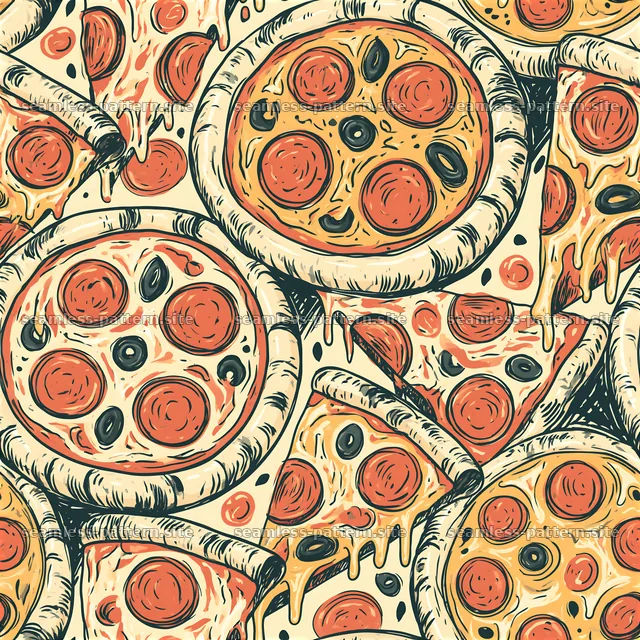 Sketch pizza slices and whole pizzas in a colorful seamless pattern — seamless tileable pattern