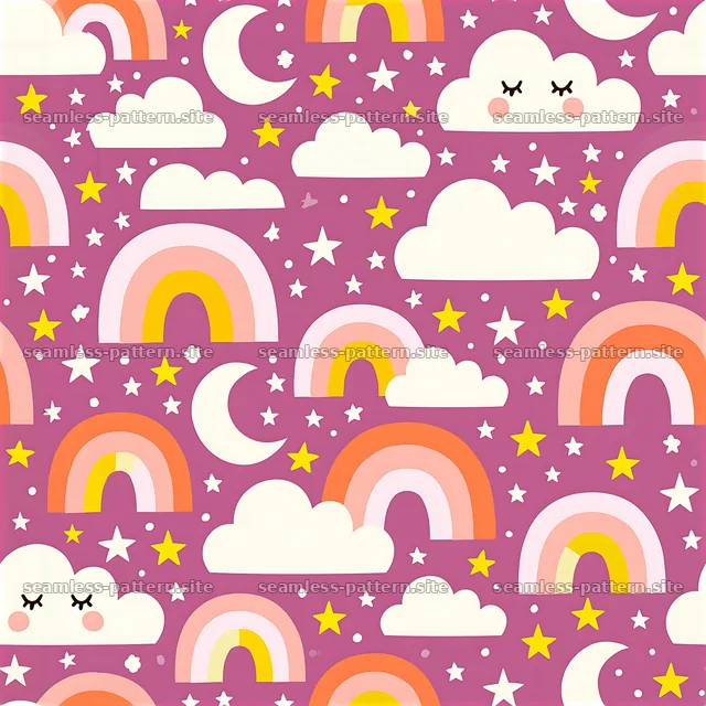 Cute Rainbow Motifs Seamless Pattern with Clouds and Stars — seamless tileable pattern