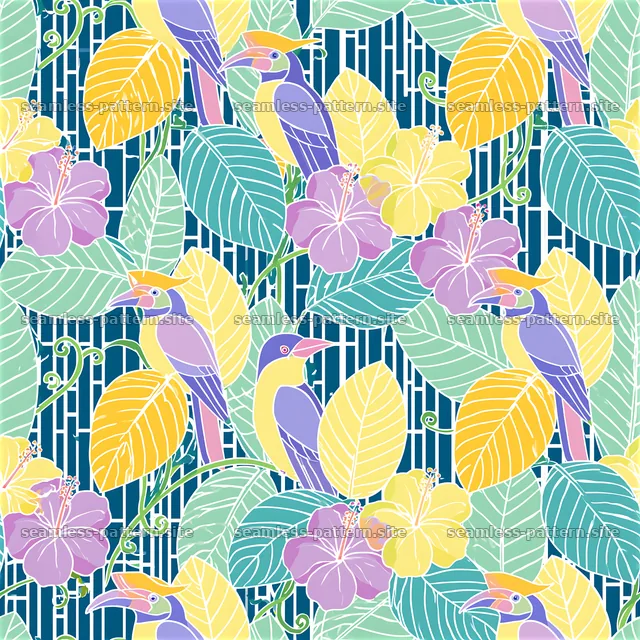 Colorful Tropical Birds and Hibiscus Seamless Pattern — seamless tileable pattern
