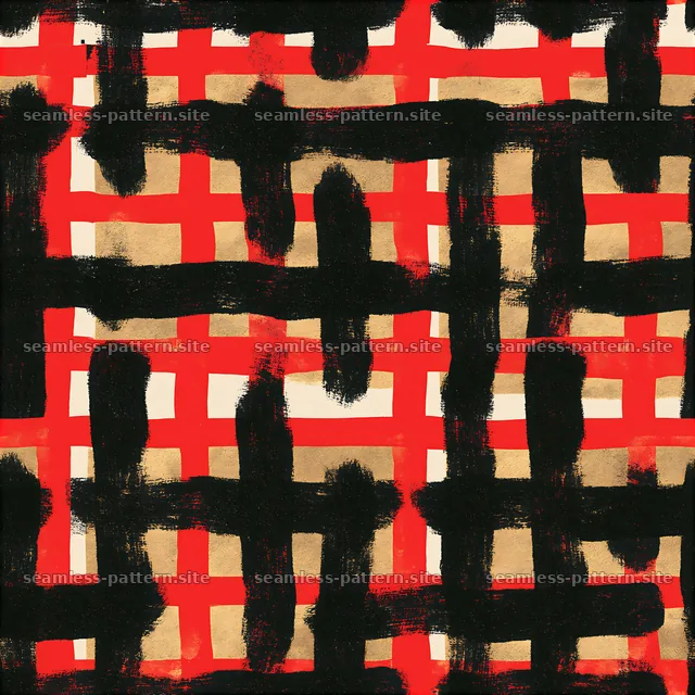 Abstract Black Red and Gold Brushstroke Grid Pattern — seamless tileable pattern