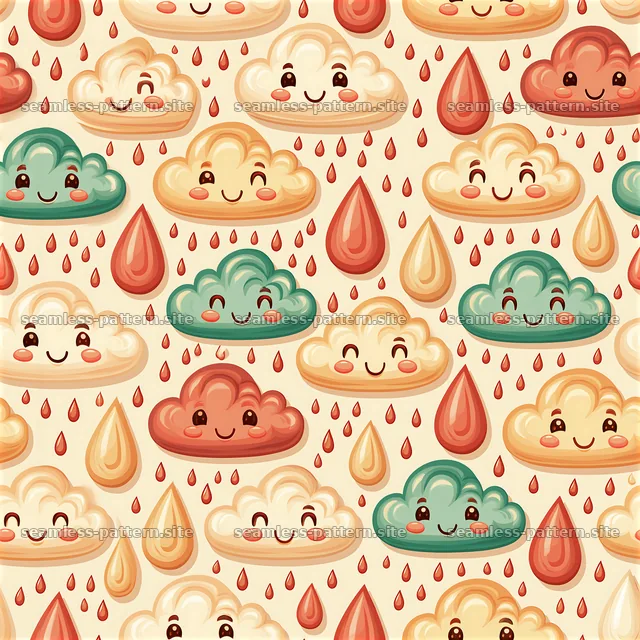 Cute rain cloud design with smiles and drops in bright colors — seamless tileable pattern