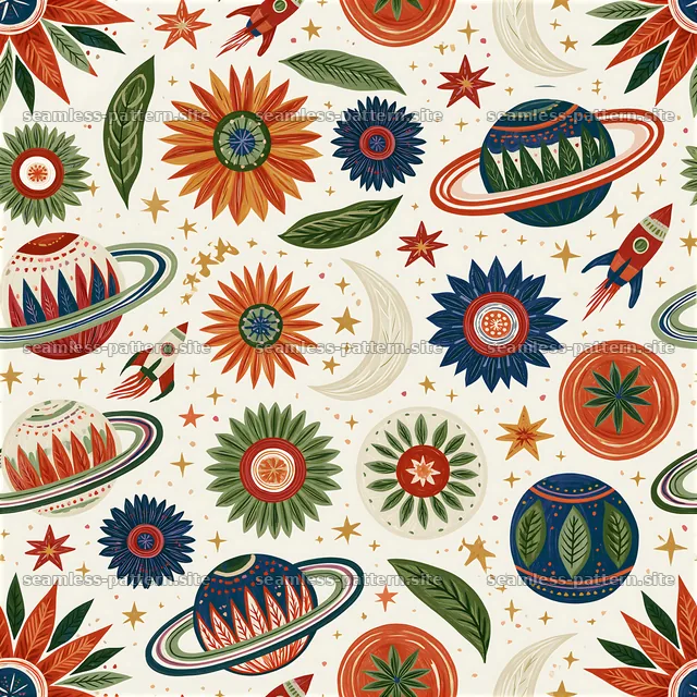 Colorful space seamless pattern featuring planets and stars — seamless tileable pattern