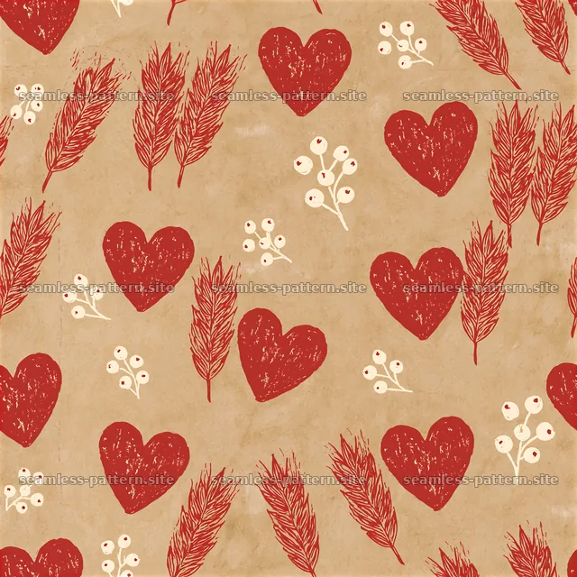 Seamless Red Heart and Winter Botanical Pattern — seamless tileable pattern
