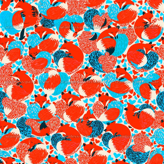 Colorful seamless pattern of hearts and foxes — seamless tileable pattern