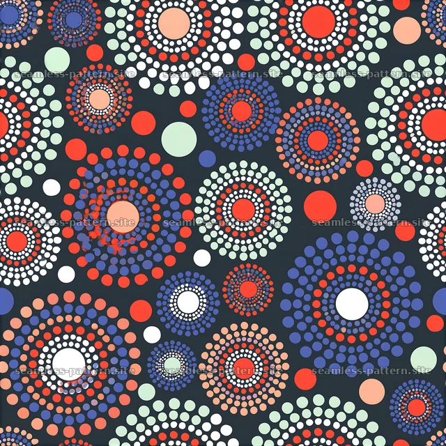 Colorful polka dot pattern with round shapes on dark background — seamless tileable pattern