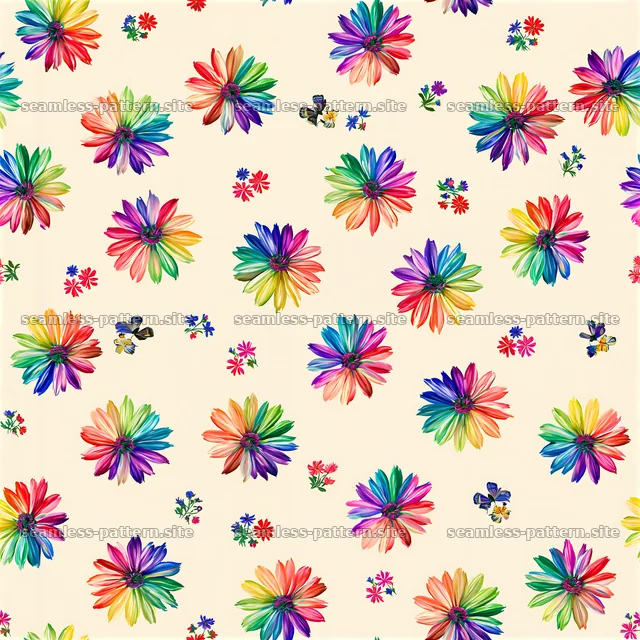 Rainbow flower tileable pattern with bright flowers and small details — seamless tileable pattern