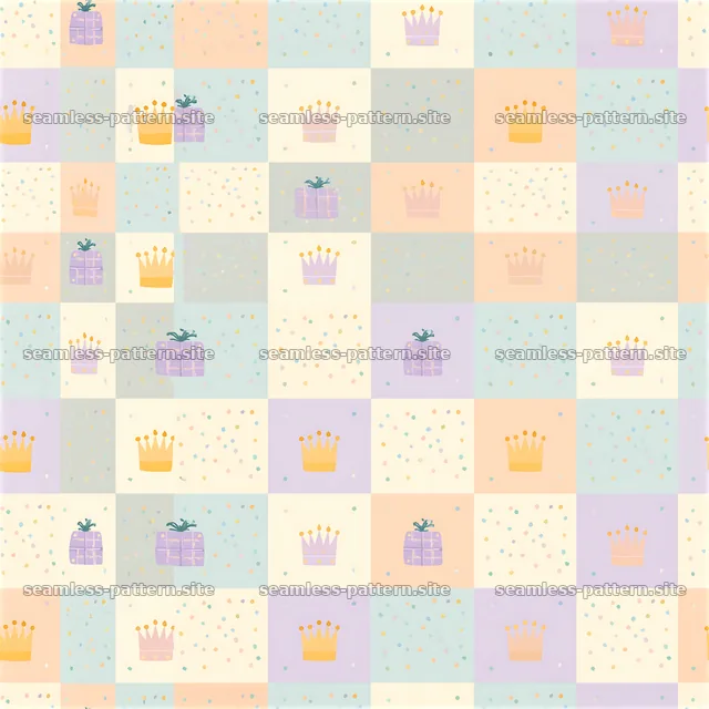 Pastel birthday crowns and gifts seamless checkerboard pattern — seamless tileable pattern