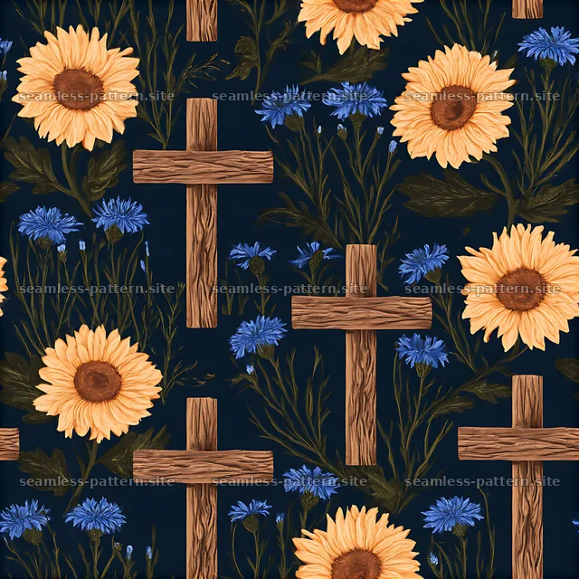 Seamless pattern of simple wooden crosses and wildflowers — seamless tileable pattern