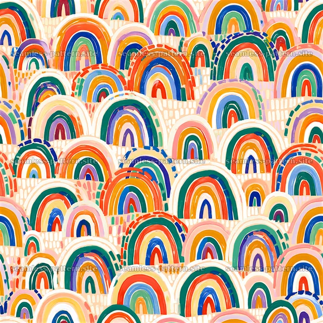 Funky rainbow tileable pattern with layered arcs and colors — seamless tileable pattern
