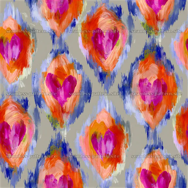 Colorful hearts pattern with vibrant motifs in a geometric layout — seamless tileable pattern