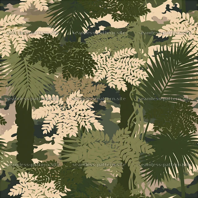 Seamless camouflage pattern with jungle foliage silhouettes in green — seamless tileable pattern