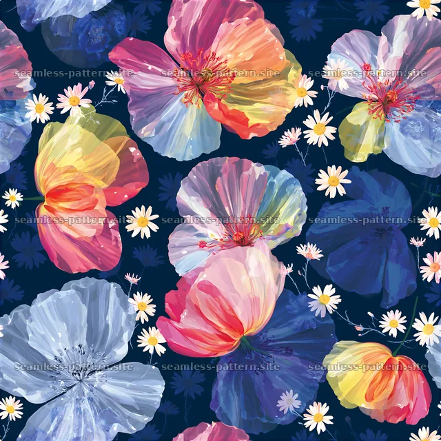 Rainbow floral repeat pattern with vivid flowers on dark background — seamless tileable pattern