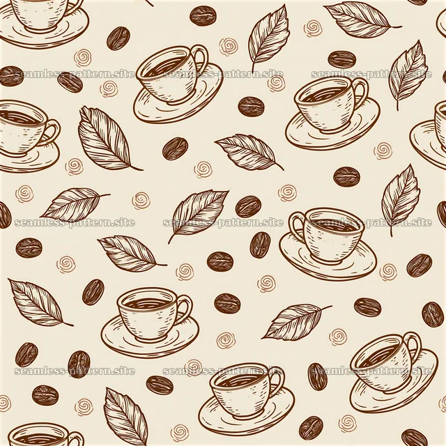 Coffee cups and leaves seamless pattern in line art style — seamless tileable pattern