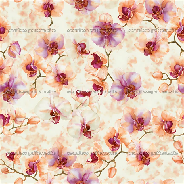 Repeating watercolor orchid pattern on a light background — seamless tileable pattern